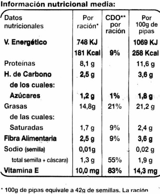 Semillas de girasol con cáscara tostadas aguasal - Nutrition facts - es
