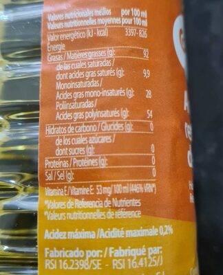 Aceite refinado de girasol - Informació nutricional - es
