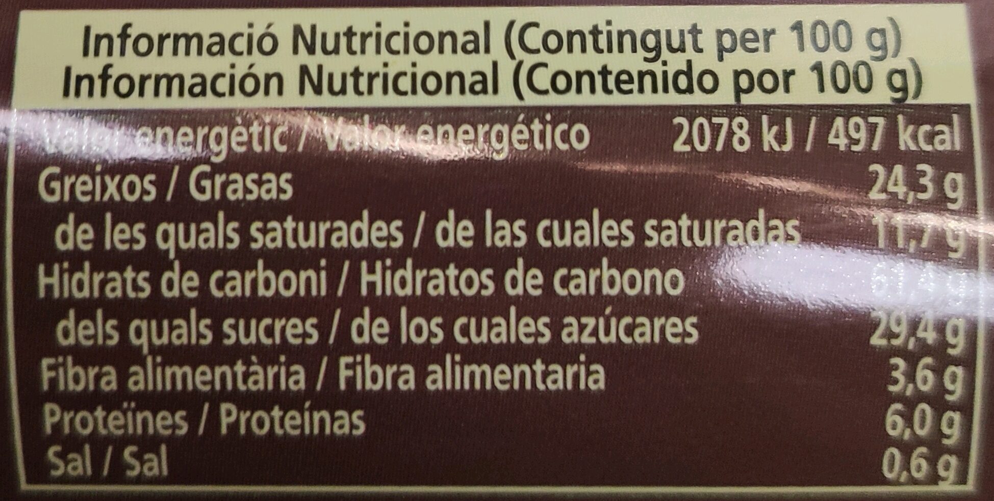 Galletas rellenas sabor cacao - Informació nutricional - es