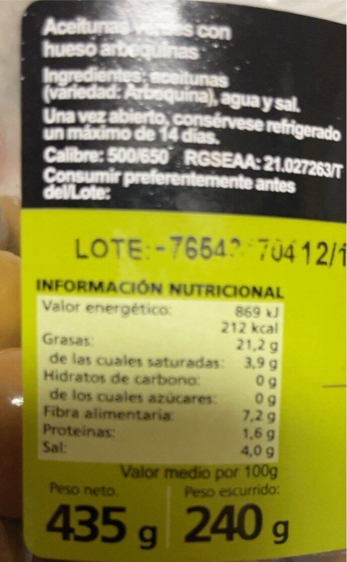 Aceitunas arbequinas - Informació nutricional - es