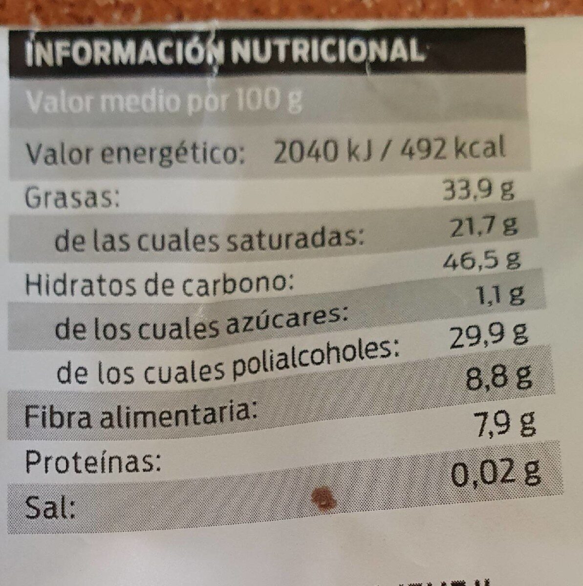 Chocolate negro extrafino 59% cacao sin azúcares - Informació nutricional - es
