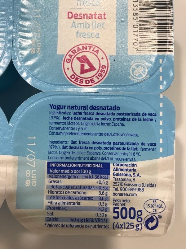 Yogur natural desnatado - Ingredients - es