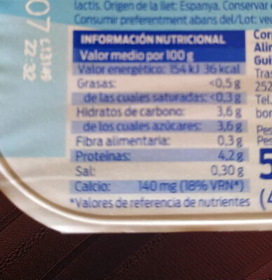 Yogur natural desnatado - Informació nutricional