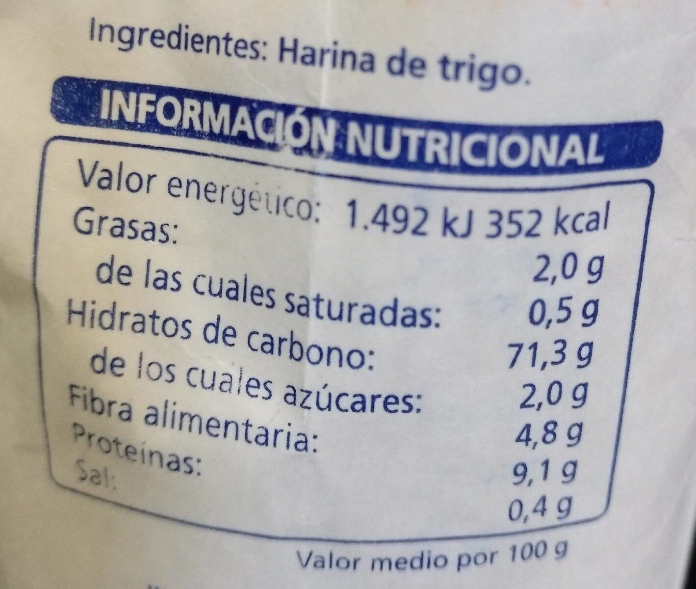 Harina de trigo - Informació nutricional - es