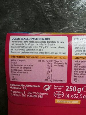Queso Burgos 0% M.G. - Ingredients - es
