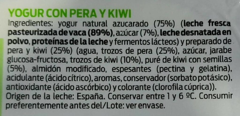 Yogur con pera y kiwi - Ingredients - es