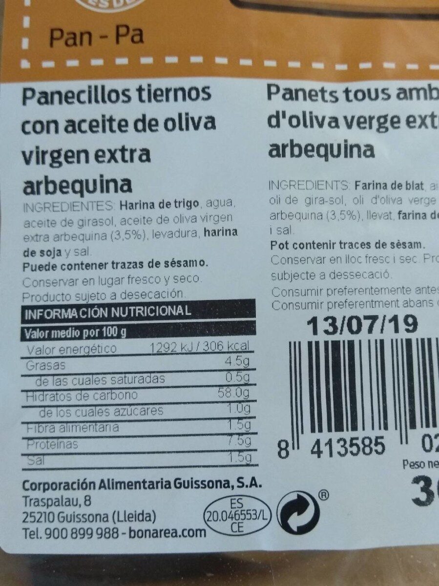 Panecillos tiernos con aceite de oliva virgen extra arbequina - Nutrition facts - es