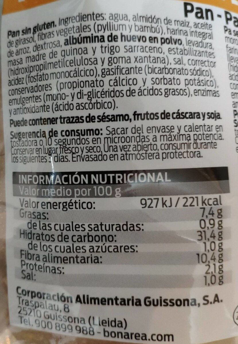 Pan sin gluten - Informació nutricional - es