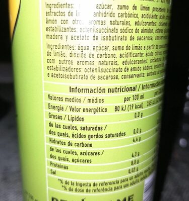 Schweppes limon - Información nutricional