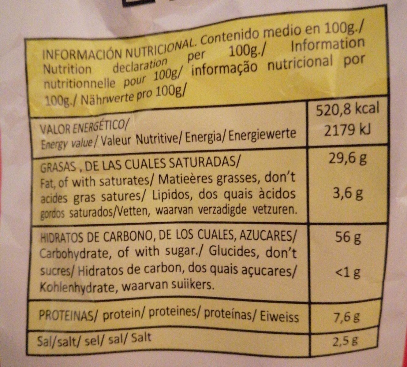 Patas fritas - Informació nutricional - es