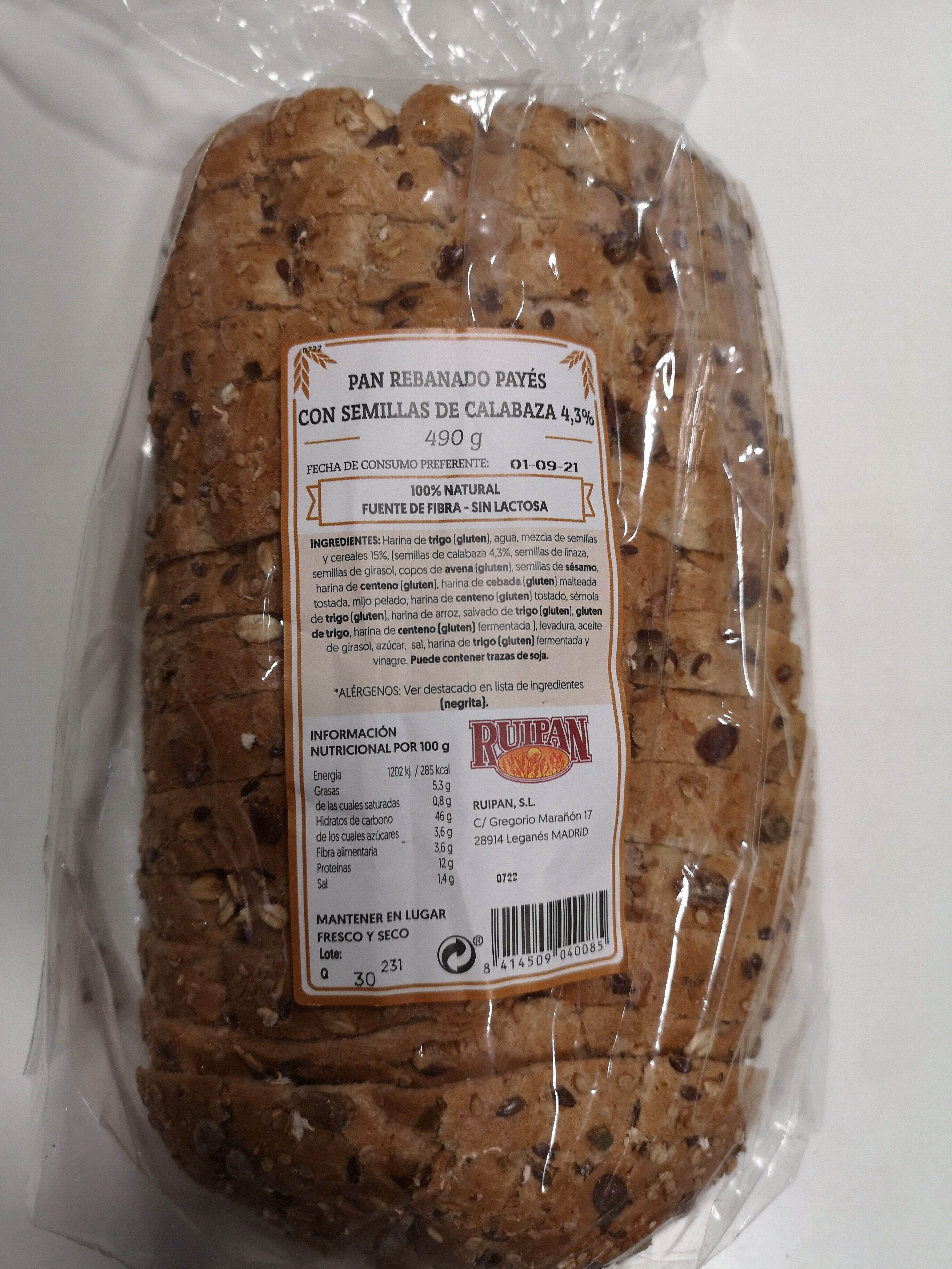 Pan rebanado payés con semillas de calabaza - Producte - es