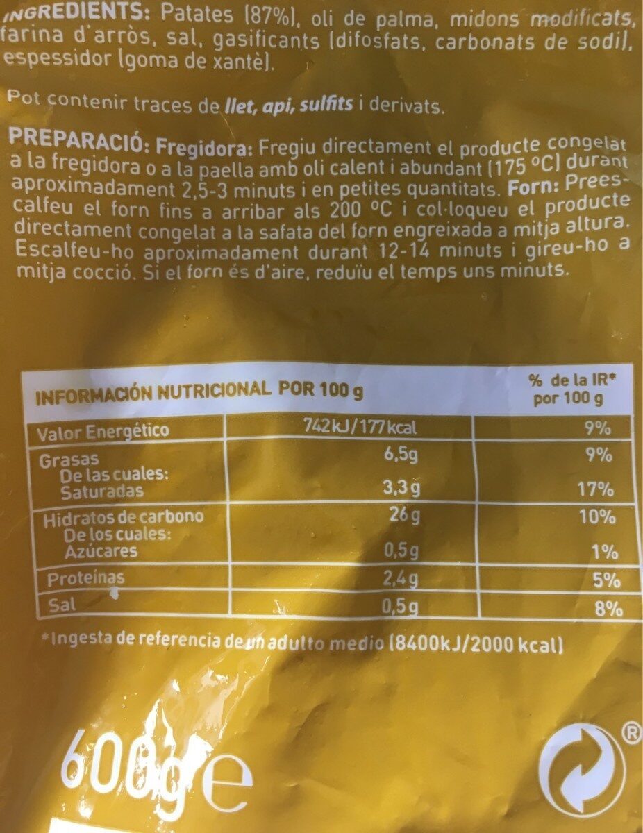 Patatas extrafinas - Información nutricional