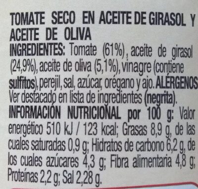 Tomate seco en aceite - Informació nutricional - es
