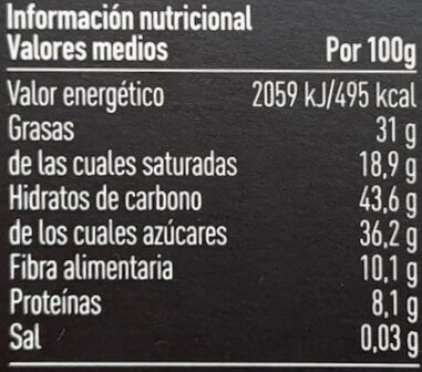 Chocolate negro 72% con naranja - Información nutricional
