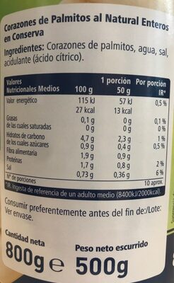 Palmitos al natural enteros - Nutrition facts - es