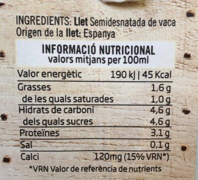 Llet·Leche·Milk de Menorca Semidesnatada - Nutrition facts - es