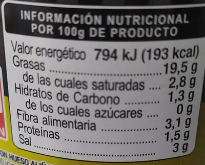 Aceitunas negras sin hueso - Información nutricional