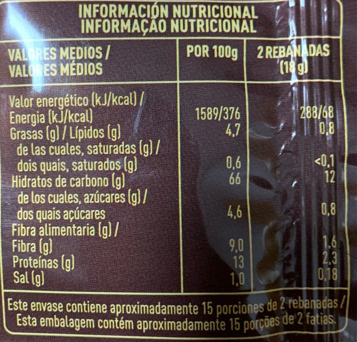 Pan tostado - Informació nutricional - es