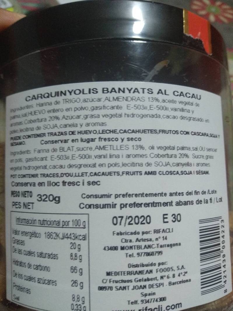 Carquinyolis banyats al cacau - Ingredients - es