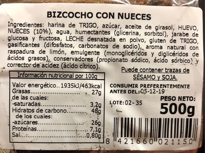 Bizcocho de nueces - Nutrition facts