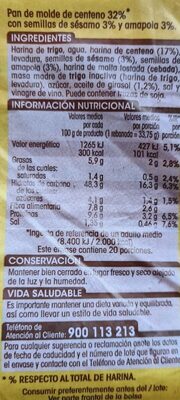 Pan Centeno17% - Informació nutricional