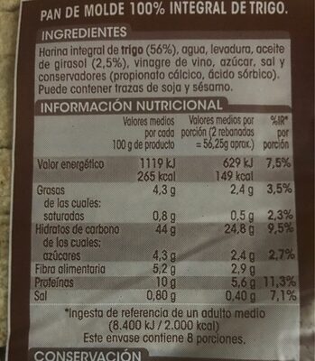 Pan de molde sin corteza 100% harina integral - Informació nutricional - es