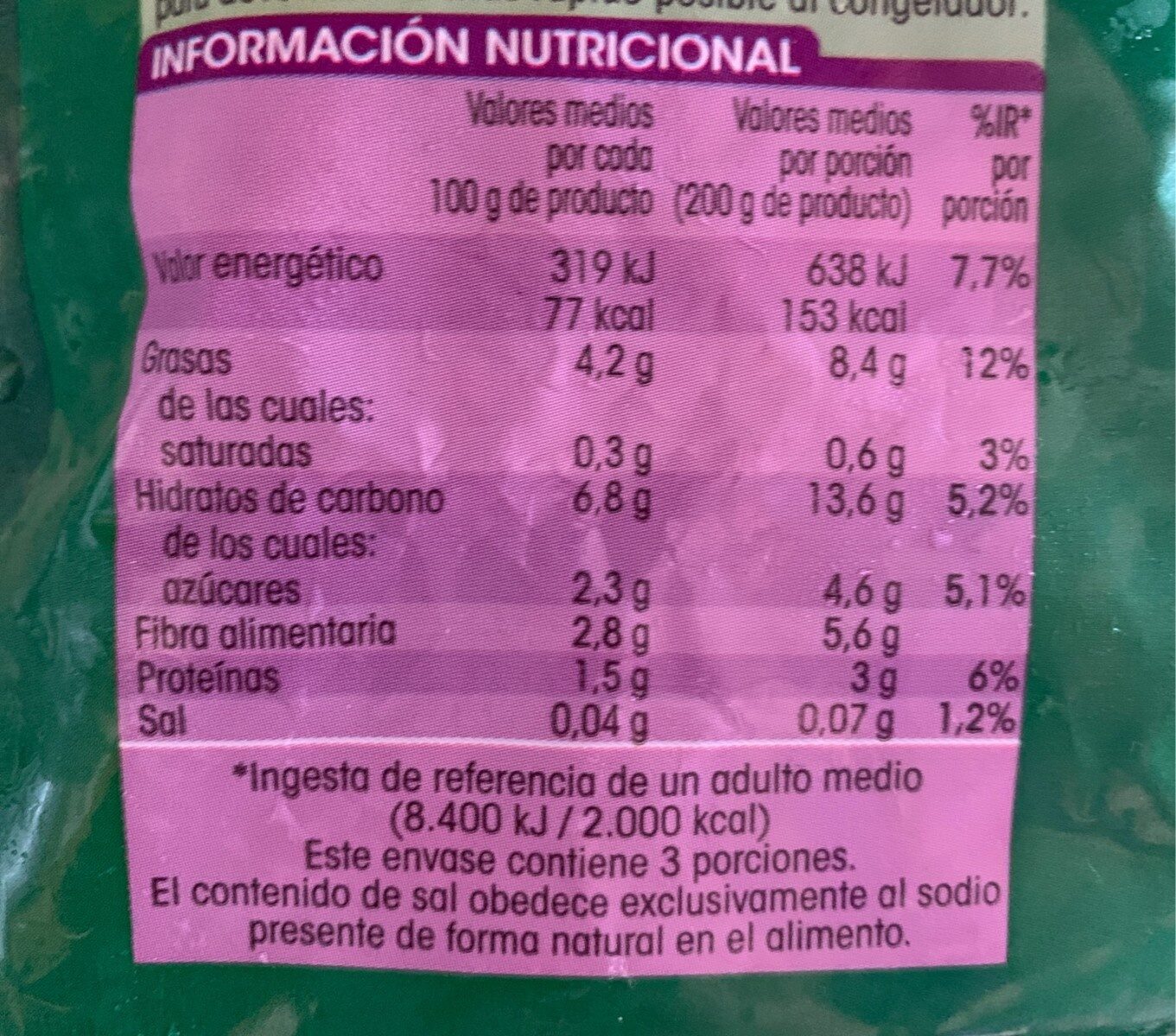 Salteado (verduras primavera) - Informació nutricional - es