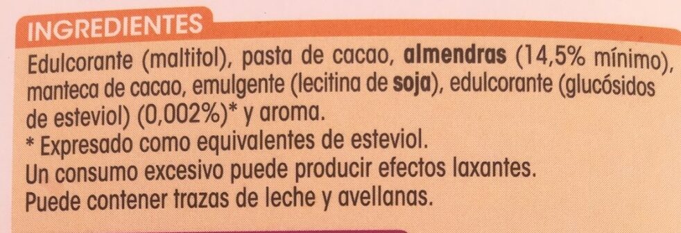 Chocolate Puro Almendras - Ingredientes