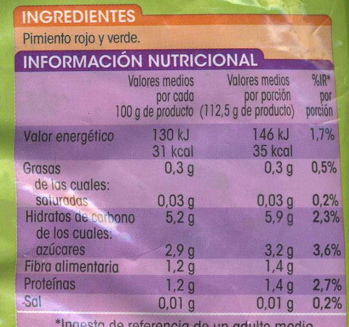 Mezcla de pimiento rojo y verde en tiras - Nutrition facts - es