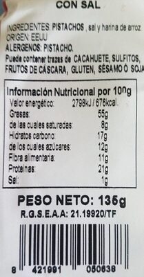 Pistacho tostado con sal - Nutrition facts - es