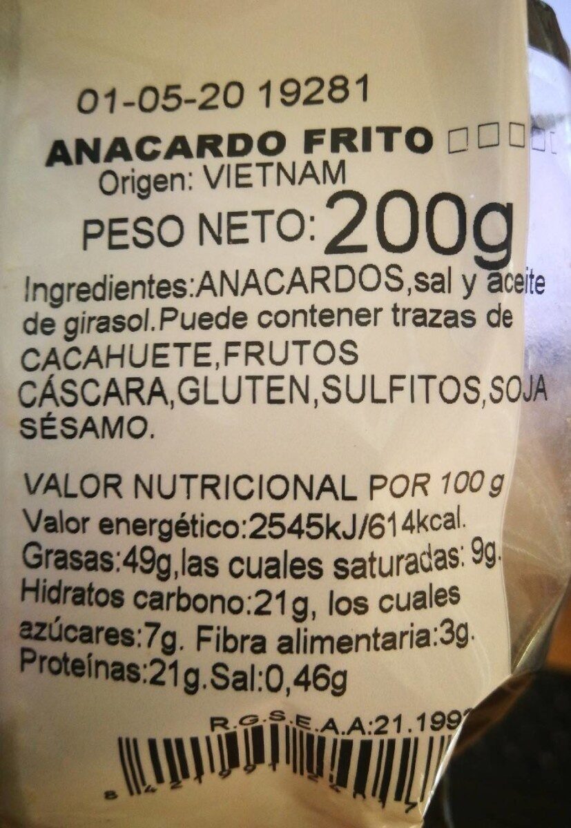 Anacardos frito casa Ricardo - Nutrition facts - es