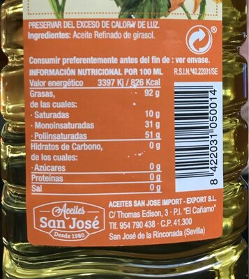 Aceite de Girasol Refinado - Informació nutricional - es