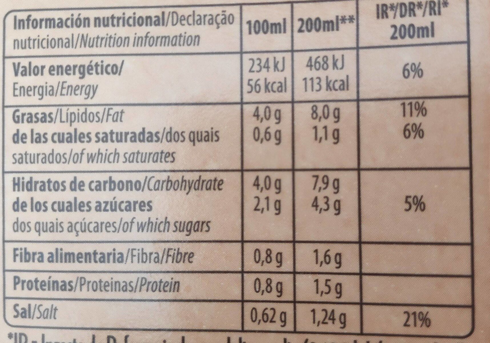 Gazpacho andaluz de hortalizas frescas - Tableau nutritionnel