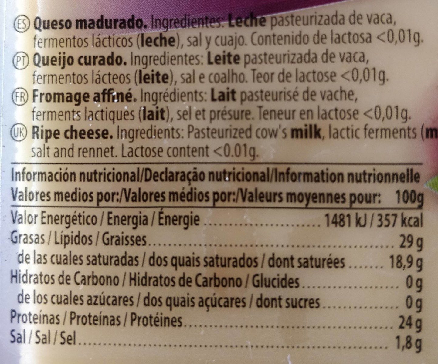 Queso gouda lonchas sin gluten sin lactosa - Informació nutricional - fr