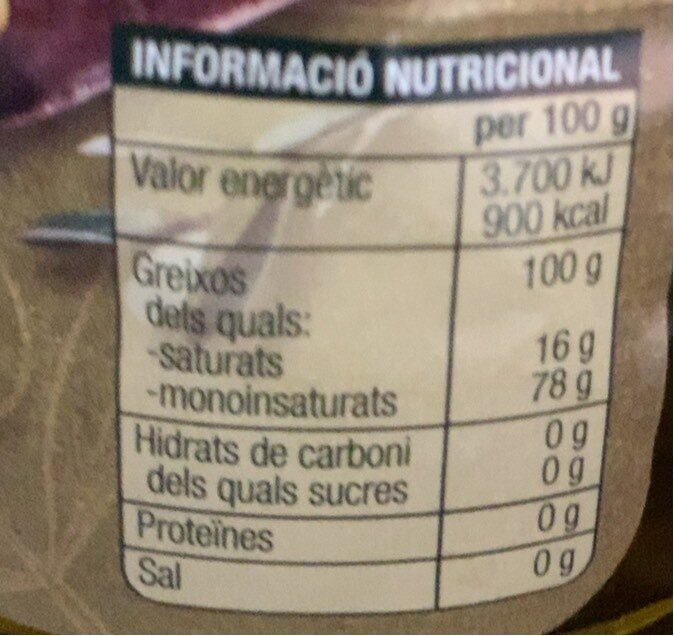 Oli d'oliva verge extra - Informació nutricional