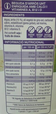 Bebida de arroz - Información nutricional