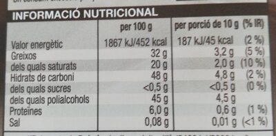 Xocolata 0% sucres afegits - Informació nutricional