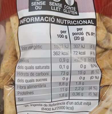 Bastonets de pa integral - Informació nutricional