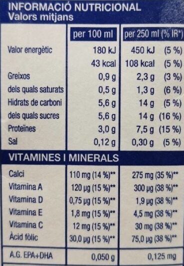 Beguda làctia omega-3 - Informació nutricional