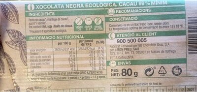 Xocolata negra 99 - Informació nutricional