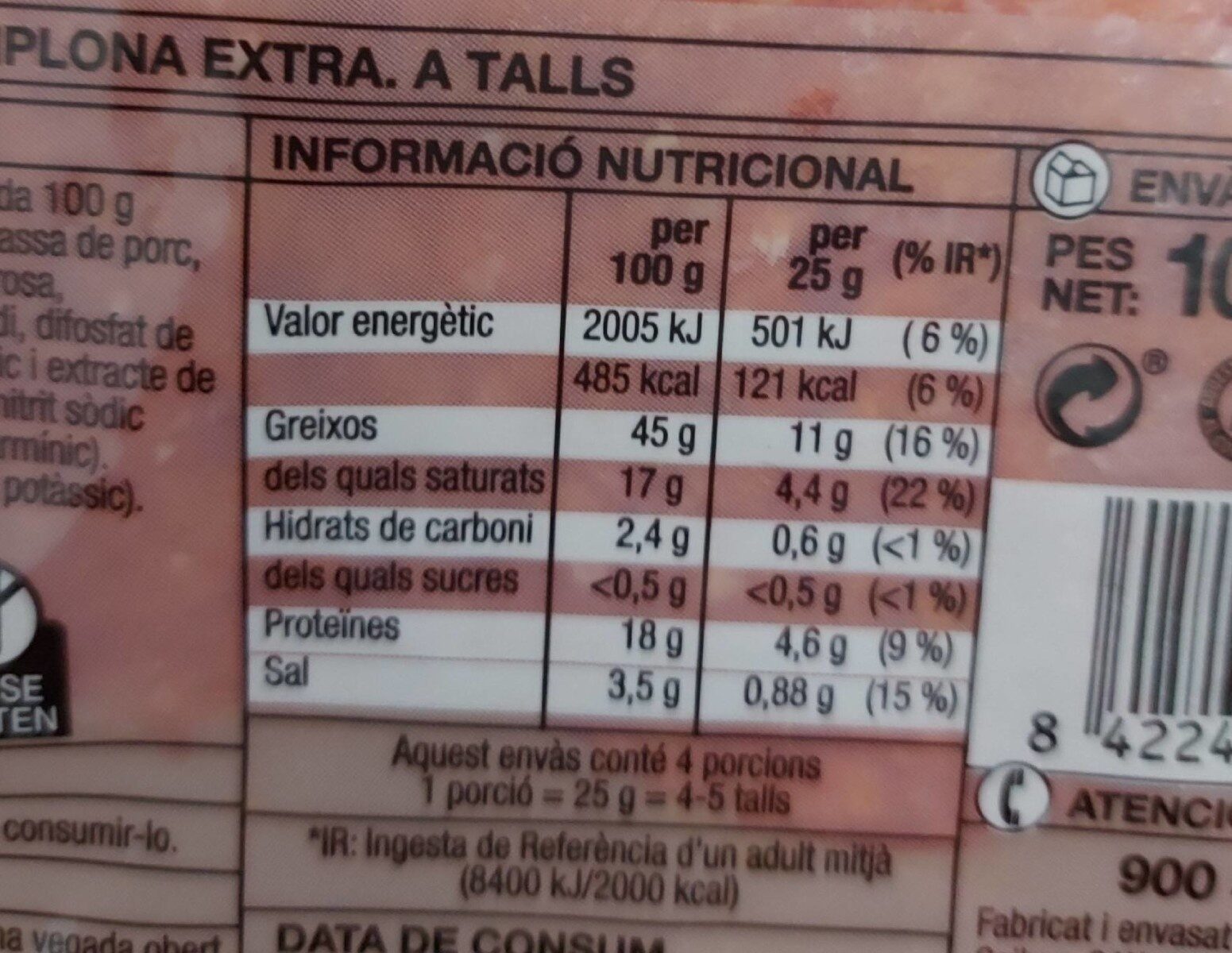 Xorizo de Pamplona - Informació nutricional - es