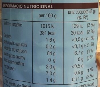 Coquetes de blat de moro - Informació nutricional