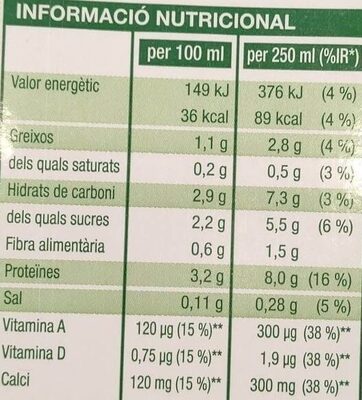 Beguda de soja - Informació nutricional