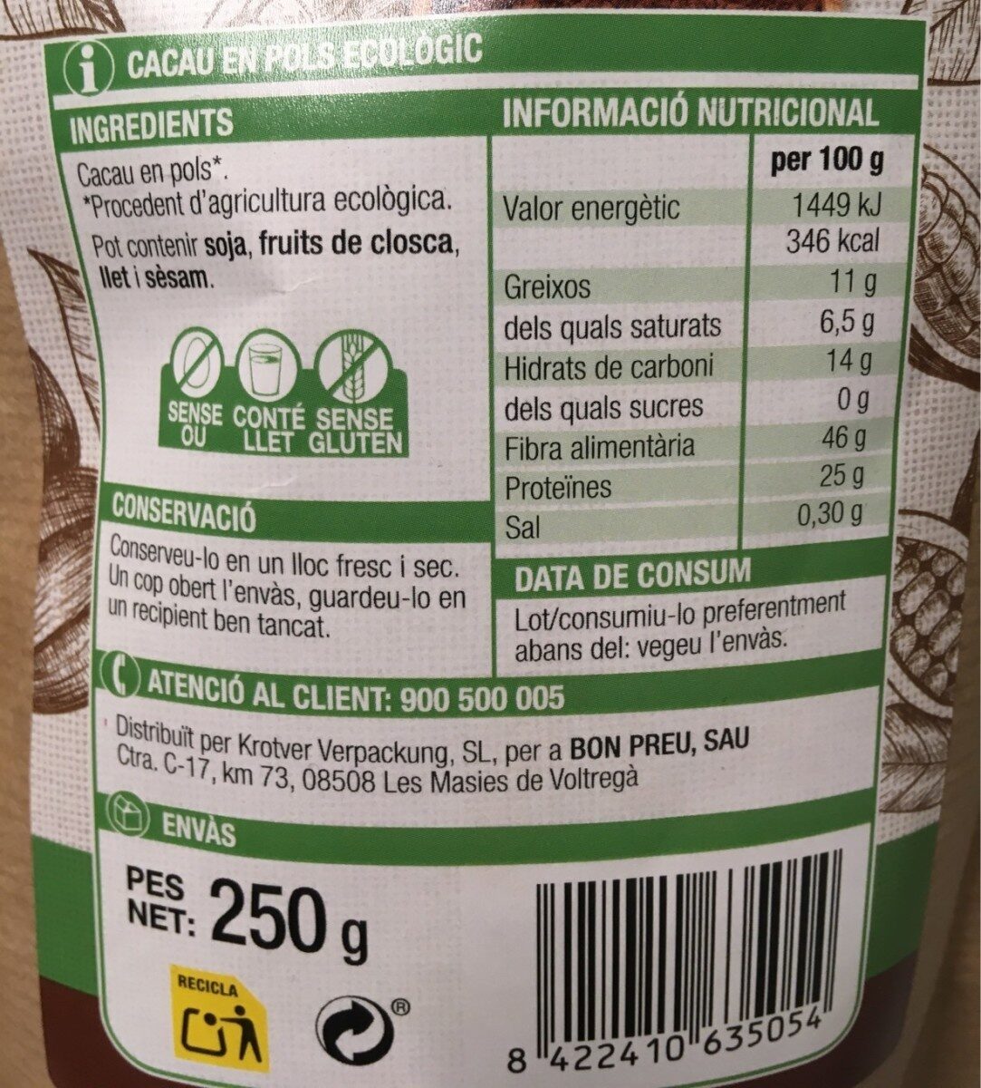 Cacao puro en polvo - Informació nutricional - es
