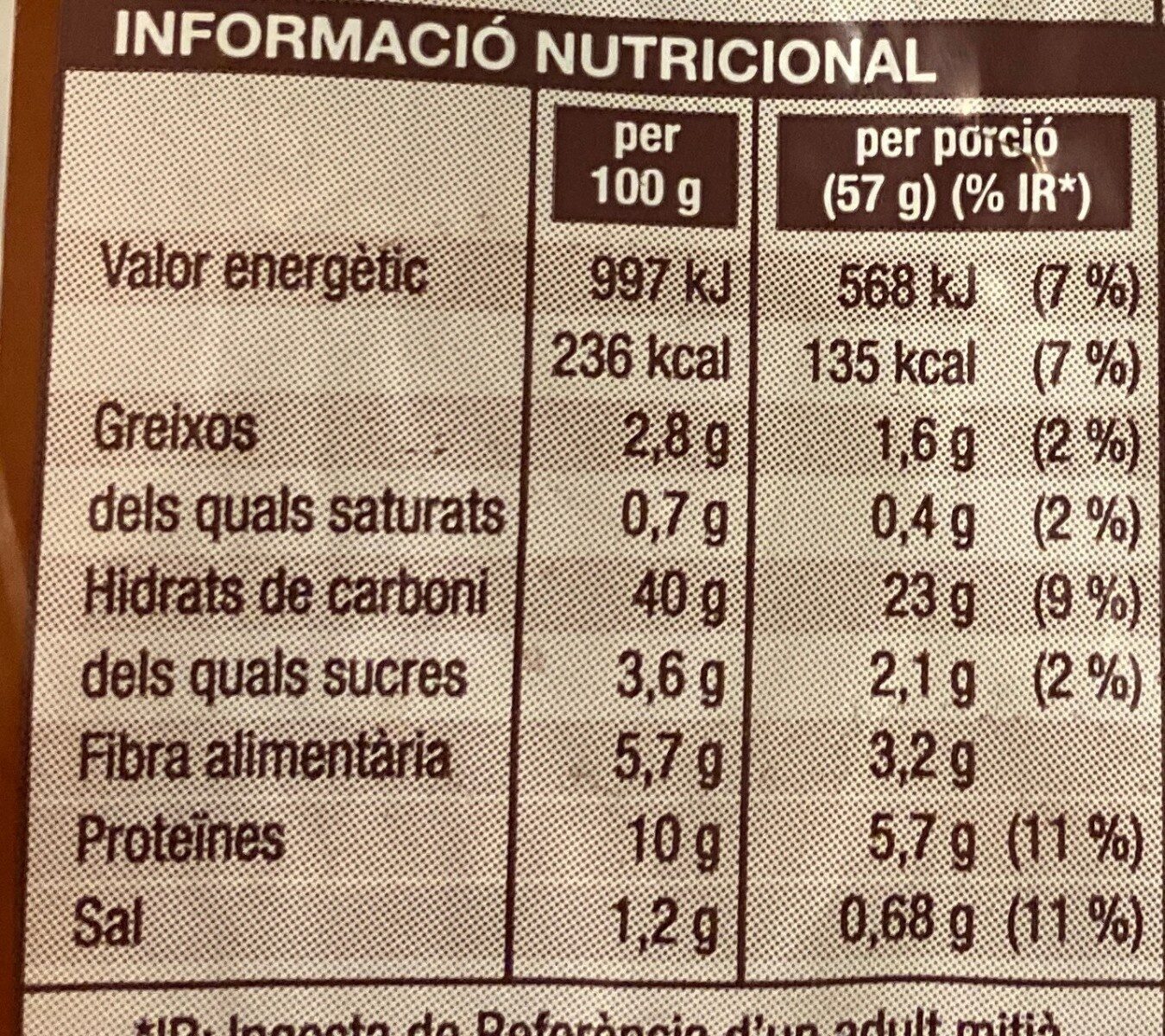 Pa de motlle 100 % integral - Informació nutricional - es
