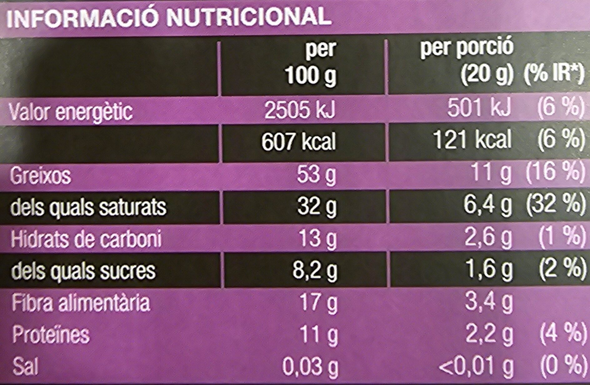 Chocolate Negro 91% - Informació nutricional