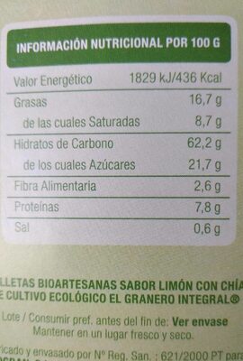 Bioartesanas sabor limón con chia - Nutrition facts - es