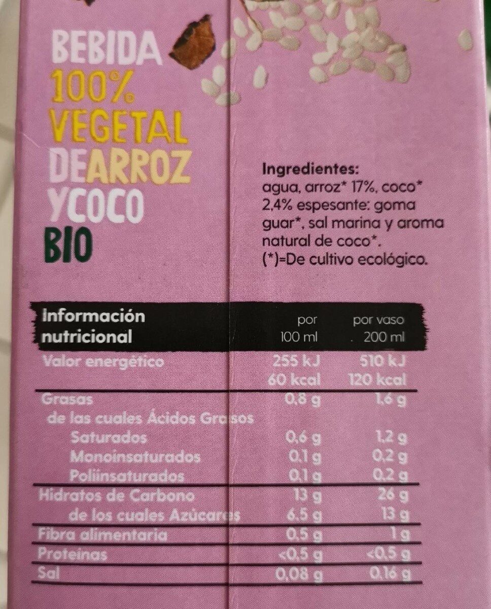 Bebida 100% vegetal de arroz y coco bio - Informació nutricional - es