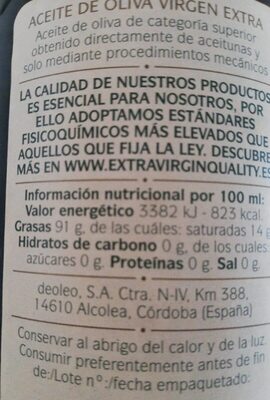 Aceite De Oliva Virgen Extra - Información nutricional