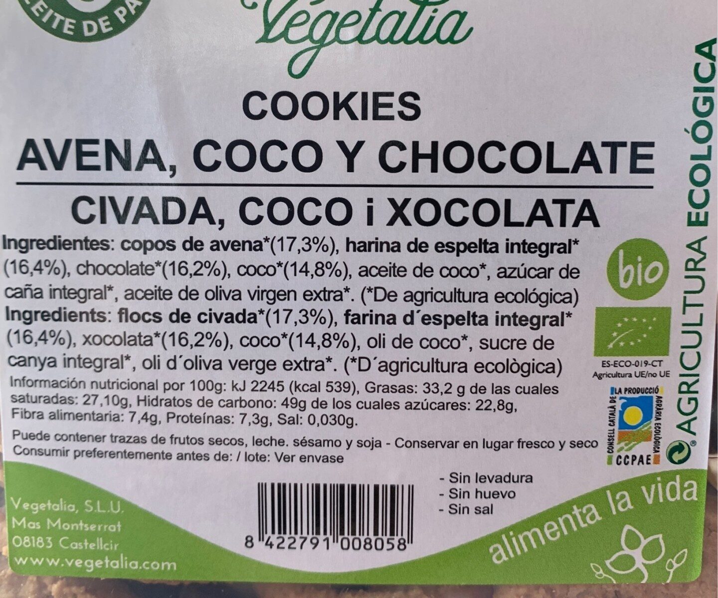 COOKIES AVENA, COCO Y CHOCOLATE - Nutrition facts - es